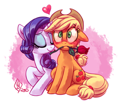Size: 1400x1200 | Tagged: safe, artist:whitediamonds, applejack, rarity, earth pony, pony, unicorn, rarijack daily, g4, applejack's hat, blushing, cowboy hat, cute, duo, duo female, eyebrows, eyebrows visible through hair, eyes closed, female, floating heart, floppy ears, flower, freckles, hat, heart, holiday, horn, jackabetes, lesbian, mare, mouth hold, nuzzling, raised hoof, raribetes, rose, ship:rarijack, shipping, signature, sitting, smiling, valentine's day, wide eyes
