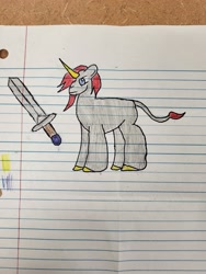 Size: 4000x3000 | Tagged: safe, artist:volk204, pony, unicorn, lined paper, solo, sword, traditional art, weapon