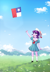 Size: 688x1000 | Tagged: safe, artist:riouku, starlight glimmer, human, equestria girls, g4, chile, commission, grass, grass field, hat, kite, pigtails, smiling, younger