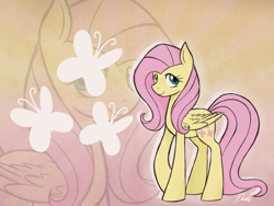 Size: 4096x3072 | Tagged: safe, artist:sandbarx3, fluttershy, pegasus, pony, g4, cutie mark background, folded wings, smiling, solo, tail, wallpaper, wings, zoom layer