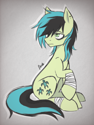 Size: 3072x4096 | Tagged: safe, artist:sandbarx3, sandbar, earth pony, pony, g4, alternate hairstyle, dyed hair, dyed mane, dyed tail, ear piercing, earring, emo, eyeliner, frown, implied self harm, jewelry, lidded eyes, makeup, male, piercing, raised hoof, sitting, smudged eyeliner, solo, tail, unhappy
