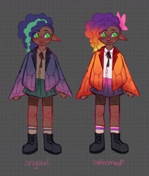 Size: 1363x1608 | Tagged: safe, artist:catmintyt, misty brightdawn, human, g5, spoiler:g5, bisexual pride flag, boots, clothes, cornrows, cute, dark skin, elf ears, freckles, green eyes, humanized, mistybetes, pride, pride flag, rebirth misty, shoes, skirt, socks