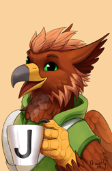 Size: 1419x2160 | Tagged: safe, artist:kleowolfy, oc, oc only, oc:pavlos, griffon, bandage, broken bone, broken wing, bust, cast, chest fluff, claws, clothes, coffee mug, colored wings, eared griffon, folded wings, griffon oc, hoodie, injured, mug, simple background, sling, solo, wings