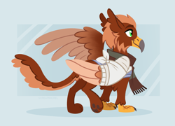 Size: 1797x1292 | Tagged: safe, artist:screamingrel, oc, oc only, oc:pavlos, griffon, bandage, broken bone, broken wing, cast, claws, clothes, colored wings, eared griffon, griffon oc, injured, one wing out, paw pads, paws, scarf, simple background, sling, solo, sweater, wings