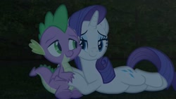 Size: 1333x750 | Tagged: safe, artist:georgegarza01, screencap, rarity, spike, dragon, pony, unicorn, g4, cheek to cheek, child, female, holding hands, holding hooves, looking at each other, looking at someone, lying down, male, mare, night, ship:sparity, shipping, show accurate, smiling, smiling at each other, straight, winged spike, wings, youtube link
