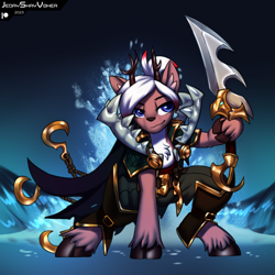 Size: 3000x3000 | Tagged: safe, artist:jedayskayvoker, oc, oc:crimson vine, deer, antlers, blade, chest fluff, clothes, colored sketch, cosplay, costume, crossover, deer oc, femboy, gradient background, high res, hook, league of legends, male, non-pony oc, pyke, sketch, smiling, solo, unshorn fetlocks