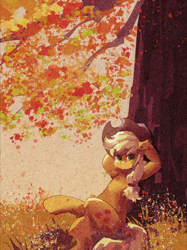 Size: 1280x1707 | Tagged: safe, artist:lendftcn, applejack, earth pony, pony, g4, autumn, crossed legs, female, film grain, grass, hat, hooves behind head, looking at you, mare, outdoors, sitting, solo, straw in mouth, three quarter view, tree, under the tree