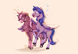 Size: 2388x1668 | Tagged: safe, artist:nightprince-art, galaxy (g1), north star (g1), pegasus, pony, twinkle eyed pony, unicorn, g1, cute, duo, female, flapping, flying, g1 northabetes, galaxydorable, mare, stars