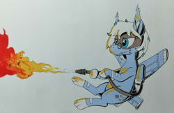 Size: 2595x1683 | Tagged: safe, artist:darkhestur, oc, oc only, oc:azure interdictor, mosquito, original species, plane pony, fire, flame thrower, flying, glasses, hybrid oc, marker drawing, paws, plane, simple background, solo, traditional art, white background, wings