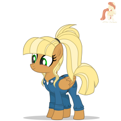 Size: 3000x3000 | Tagged: safe, artist:r4hucksake, oc, oc only, oc:center punch, pegasus, pony, belt, blonde, blushing, clothes, coveralls, cute, engineer, hairband, high res, mechanic, ocbetes, overalls, ponytail, simple background, smiling, solo, transparent background, wings