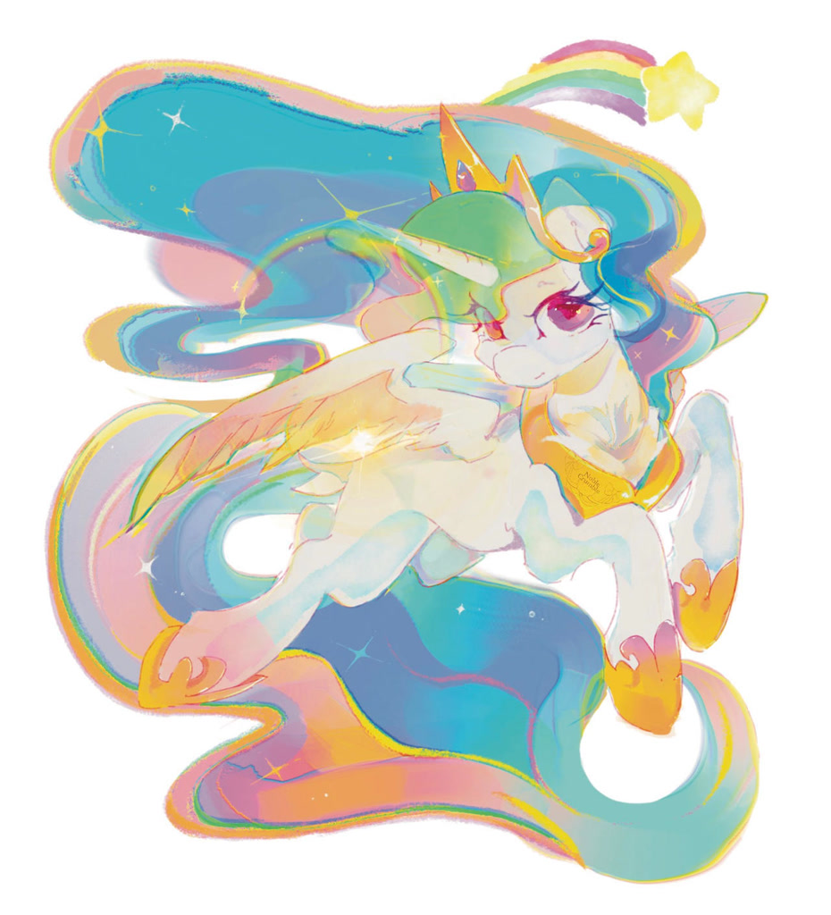 [alicorn,crown,female,jewelry,long mane,mare,pony,princess celestia,safe,simple background,solo,tail,long tail,regalia,ethereal mane,thin,starry mane,concave belly,impossibly long tail,slim,peytral,missing cutie mark,hoof shoes,princess shoes,ethereal tail,starry tail,artist:noblecrumble]