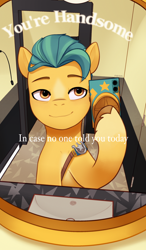 Size: 1600x2733 | Tagged: safe, artist:maren, hitch trailblazer, earth pony, pony, g5, bathroom, caption, image macro, male, male pov, mirror, offscreen character, offscreen male, phone, positive ponies, pov, solo, stallion, text