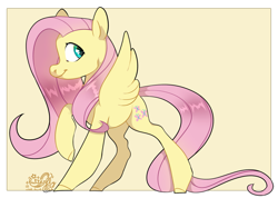 Size: 1707x1215 | Tagged: safe, artist:truust5117, fluttershy, pegasus, pony, g4, cute, female, looking back, mare, profile, raised hoof, shyabetes, signature, simple background, smiling, solo, yellow background