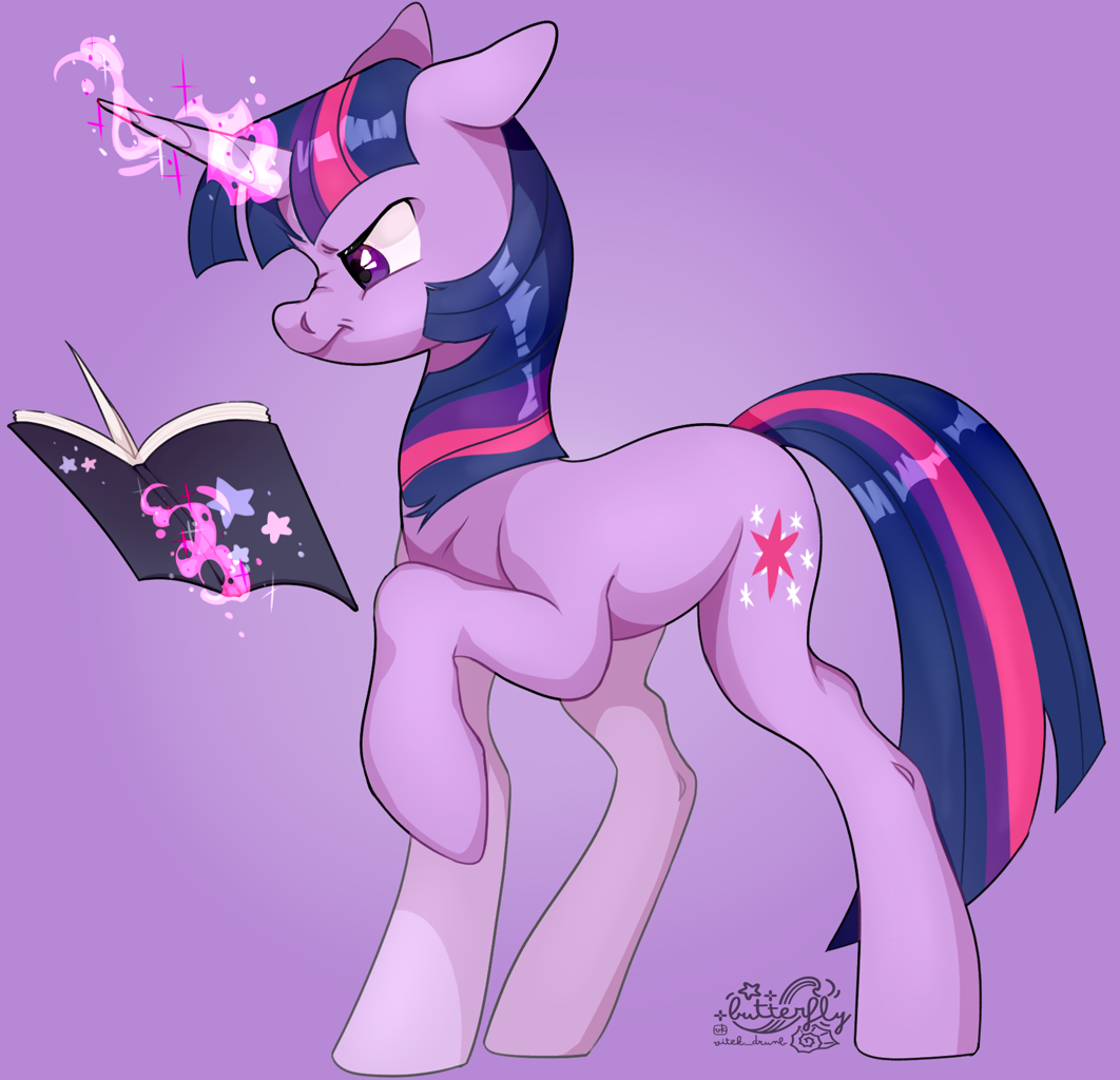 [book,female,floppy ears,glowing,glowing horn,horn,magic,mare,pony,safe,scrunchy face,signature,simple background,solo,telekinesis,twilight sparkle,unicorn,unicorn twilight,purple background,ears back,artist:truust5117]
