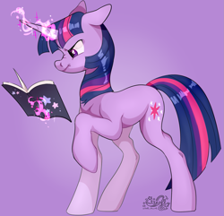 Size: 1805x1741 | Tagged: safe, artist:truust5117, twilight sparkle, pony, unicorn, g4, book, ears back, female, floppy ears, glowing, glowing horn, horn, magic, mare, purple background, scrunchy face, signature, simple background, solo, telekinesis, unicorn twilight