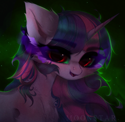 Size: 2217x2160 | Tagged: safe, artist:moonstarshining, twilight sparkle, pony, unicorn, g4, corrupted, corrupted twilight sparkle, dark magic, evil twilight, gradient background, high res, magic, messy mane, signature, solo, sombra eyes, unicorn twilight, watermark