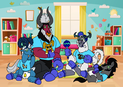 Size: 1414x1000 | Tagged: safe, artist:zetikoopa, grogar, king sombra, lord tirek, storm king, centaur, goat, pony, sheep, storm creature, umbrum, unicorn, taur, g4, my little pony: the movie, adult foal, booties, diaper, hypno eyes, hypnosis, hypnotized, male, mental regression, non-baby in diaper, pacifier, ram, rattle, stallion