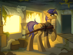 Size: 4000x3000 | Tagged: safe, artist:chamommile, oc, oc only, oc:lunar spice, original species, pony, unicorn, fallout equestria, ammunition, armor, butt, clothes, commission, fallout, full body, gray eyes, gun, horn, looking at each other, looking at someone, looking up, male, plot, purple mane, rifle, underhoof, unicorn oc, uniform, weapon, ych result, yellow skin