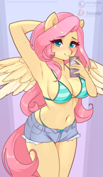 Size: 1812x3120 | Tagged: safe, artist:xjenn9, fluttershy, pegasus, anthro, g4, adorasexy, arm behind head, armpits, belly button, big breasts, bikini, blushing, breasts, busty fluttershy, cellphone, clothes, cute, daisy dukes, female, legs together, phone, selfie, sexy, shorts, shyabetes, smartphone, smiling, solo, spread wings, striped bikini, striped swimsuit, stupid sexy fluttershy, sweat, swimsuit, unbuttoned, wings, ych example, your character here