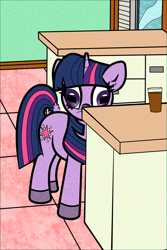 Size: 1000x1500 | Tagged: safe, artist:scandianon, twilight sparkle, pony, unicorn, g4, chocolate, chocolate milk, dock, glass, hoers, hooves, indoors, kitchen, milk, rectangular pupil, solo, tail, unicorn twilight, wall eyed, whiskers