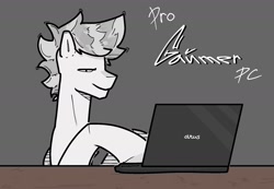 Size: 1805x1250 | Tagged: safe, artist:xtsij, oc, oc only, pegasus, pony, box, computer, laptop computer, male, narrowed eyes, pegasus oc, pony oc, simple background