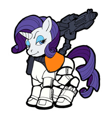 Size: 682x800 | Tagged: safe, artist:anymouse-68, rarity, pony, unicorn, g4, armor, blaster, crossover, female, gun, lidded eyes, mare, sand trooper, simple background, smiling, solo, star wars, stormtrooper, weapon, white background
