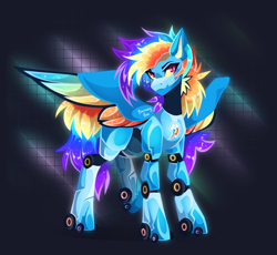 Size: 2000x1842 | Tagged: safe, alternate version, artist:buvanybu, rainbow dash, pegasus, pony, robot, robot pony, g4, black background, colored wings, cute, digital art, ethereal mane, feather, female, glowing, glowing mane, glowing tail, hybrid wings, looking at you, mare, multicolored wings, pink eyes, rainbot dash, raised hoof, roboticization, signature, simple background, smiling, smiling at you, solo, sparkles, spread wings, starry mane, starry tail, tail, wings
