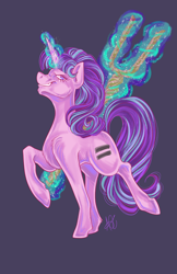 Size: 3300x5100 | Tagged: safe, artist:ashley-the-muffin, artist:sugarsong, starlight glimmer, pony, unicorn, g4, equal cutie mark, equal sign, evil grin, female, glowing, glowing horn, grin, horn, looking at you, mare, purple background, raised hoof, s5 starlight, signature, simple background, smiling, solo, staff, staff of sameness