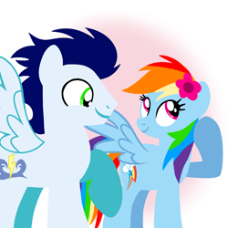 Size: 1400x1400 | Tagged: safe, artist:mlplary6, rainbow dash, soarin', pegasus, pony, g4, boyfriend and girlfriend, female, flower, flower in hair, male, mare, ship:soarindash, shipping, smiling, stallion, straight