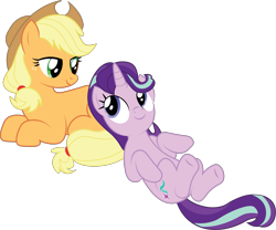 Size: 2023x1681 | Tagged: source needed, safe, artist:prixy05, applejack, starlight glimmer, earth pony, pony, unicorn, g4, duo, duo female, female, lesbian, lying down, ship:glimmerjack, shipping, simple background, transparent background, vector