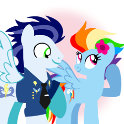 Size: 1400x1400 | Tagged: safe, artist:mlplary6, rainbow dash, soarin', pegasus, pony, g4, the last problem, bomber jacket, clothes, duo, female, flower, flower in hair, husband and wife, jacket, male, mare, older, older rainbow dash, older soarin', older soarindash, ship:soarindash, shipping, smiling, stallion, straight