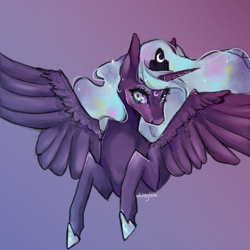 Size: 1024x1024 | Tagged: safe, artist:xkittyblue, princess luna, alicorn, pony, g4, female, flying, mare, signature, simple background, solo, spread wings, wings