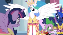 Size: 2160x1221 | Tagged: safe, screencap, princess celestia, princess luna, spike, twilight sparkle, alicorn, dragon, pony, g4, magical mystery cure, big crown thingy, bowtie, clothes, coronation, coronation dress, crown, cushion, dress, element of magic, female, formal wear, gown, happy, jewelry, looking down, male, mare, regalia, royalty, ruffled shirt, smiling, spike's first bow tie, suit, tailcoat, tuxedo, twilight sparkle (alicorn)