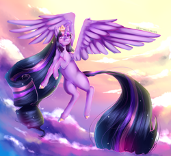 Size: 1280x1169 | Tagged: safe, artist:xkittyblue, twilight sparkle, alicorn, pony, g4, cloud, crown, female, flying, jewelry, mare, redraw, regalia, signature, sky, smiling, solo, twilight sparkle (alicorn)