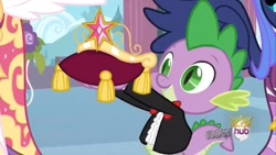 Size: 2160x1218 | Tagged: safe, screencap, princess celestia, princess luna, spike, alicorn, dragon, pony, g4, magical mystery cure, big crown thingy, bowtie, canterlot, canterlot castle, castle, clothes, coronation, crown, cushion, dress, element of magic, formal wear, gown, happy, holding, holding up, hub logo, jewelry, logo, regalia, royalty, ruffled shirt, smiling, spike's first bow tie, tailcoat, the hub, tuxedo