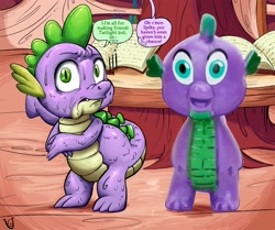 Size: 3400x2844 | Tagged: safe, artist:stencilfim, spike, twilight sparkle, dragon, g4, baby, baby dragon, bootleg, cursed image, dialogue, figure, golden oaks library, high res, implied twilight sparkle, library, meme, nervous, scales, scared, self dragondox, self paradox, speech bubble, sweat, sweatdrop, toy, wide eyes