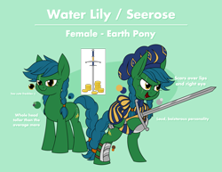 Size: 3315x2555 | Tagged: safe, artist:moonatik, oc, oc:water lily, earth pony, pony, armor, braid, cutie mark, earth pony oc, female, freckles, hat, high res, landsknecht, mare, reference sheet, scar, solo, sword, weapon
