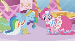 Size: 2160x1192 | Tagged: safe, screencap, fluttershy, pinkie pie, rainbow dash, earth pony, pegasus, pony, g4, season 1, suited for success, alternate hairstyle, beautiful, carousel boutique, clothes, cute, dashabetes, diapinkes, dress, eyes closed, female, fluttershy also dresses in style, fluttershy's first gala dress, formal wear, gala dress, gown, happy, looking down, mare, mirror, offscreen character, pinkie pie also dresses in style, pinkie pie's first gala dress, rainbow dash always dresses in style, rainbow dash's first gala dress, trio