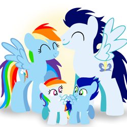 Size: 1400x1400 | Tagged: safe, artist:mlplary6, rainbow dash, soarin', oc, oc:blue skies, oc:speedy dash, pegasus, pony, g4, colt, eyes closed, family, female, filly, foal, husband and wife, looking at each other, looking at someone, male, mare, offspring, parent:rainbow dash, parent:soarin', parents:soarindash, ship:soarindash, shipping, siblings, smiling, smiling at each other, stallion, straight, twins