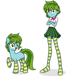Size: 3529x3976 | Tagged: safe, artist:arshe12, oc, oc only, oc:yomogi artemisia, earth pony, human, pony, equestria girls, g4, blank flank, clothes, commission, crossed arms, equestria girls-ified, high res, miniskirt, nonbinary, open mouth, raised hoof, shirt, simple background, skirt, socks, solo, stocking feet, stockings, striped socks, thigh highs, thigh socks, transparent background, ych result