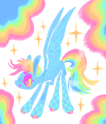 Size: 1620x1904 | Tagged: safe, artist:peaceandlove26, rainbow dash, pegasus, pony, g4, alternate design, alternate hairstyle, checkered, closed mouth, colored eyelashes, colored hooves, colored sclera, crouching, female, hoof polish, looking up, mare, pink eyes, rainbow, scuff mark, short hair rainbow dash, simple background, smiling, solo, sparkles, spread wings, white background, wings, yellow sclera