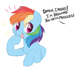 Size: 690x619 | Tagged: safe, artist:higglytownhero, rainbow dash, pegasus, pony, g4, blushing, bust, cute, dashabetes, dialogue, eye clipping through hair, female, happy, looking offscreen, mare, no context, offscreen character, open mouth, raised hoof, simple background, smiling, solo, white background, wingless