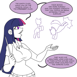 Size: 1500x1500 | Tagged: safe, artist:chillguydraws, twilight sparkle, earth pony, human, pony, g4, breasts, busty twilight sparkle, dialogue, female, humanized, partial color, simple background, solo, speech bubble, white background