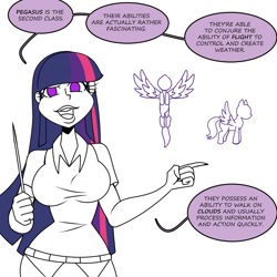 Size: 1500x1500 | Tagged: safe, artist:chillguydraws, twilight sparkle, human, pegasus, pony, g4, breasts, busty twilight sparkle, dialogue, female, humanized, partial color, pointer, simple background, solo, speech bubble, talking to viewer, white background