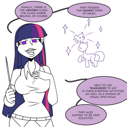 Size: 1500x1500 | Tagged: safe, artist:chillguydraws, twilight sparkle, human, pony, unicorn, g4, breasts, busty twilight sparkle, dialogue, female, hand on chest, humanized, looking at you, magic, simple background, solo, speech bubble, talking to viewer, white background