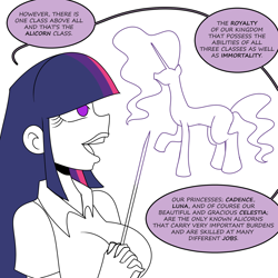 Size: 1500x1500 | Tagged: safe, artist:chillguydraws, twilight sparkle, alicorn, human, pony, g4, breasts, busty twilight sparkle, dialogue, female, humanized, partial color, pointer, simple background, solo, speech bubble, white background