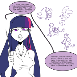 Size: 1500x1500 | Tagged: safe, artist:chillguydraws, twilight sparkle, dragon, griffon, human, seapony (g4), yak, g4, breasts, busty twilight sparkle, dialogue, female, humanized, looking at you, partial color, simple background, solo, speech bubble, talking to viewer, white background