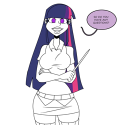 Size: 1500x1500 | Tagged: safe, artist:chillguydraws, twilight sparkle, human, g4, breasts, busty twilight sparkle, clothes, crossed arms, dialogue, humanized, looking at you, miniskirt, partial color, pointer, simple background, skirt, socks, solo, speech bubble, talking to viewer, thigh highs, thigh socks, white background