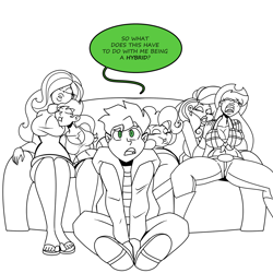 Size: 1500x1500 | Tagged: safe, artist:chillguydraws, applejack, fluttershy, pinkie pie, rainbow dash, rarity, spike, human, g4, black and white, breast pillow, breasts, busty applejack, busty fluttershy, busty rainbow dash, couch, dialogue, female, grayscale, humanized, male, monochrome, partial color, simple background, sleeping, speech bubble, talking to viewer, white background