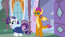 Size: 800x453 | Tagged: safe, edit, edited screencap, screencap, rarity, smolder, dragon, pony, unicorn, g4, alternate universe, assistant, older, older rarity, older smolder